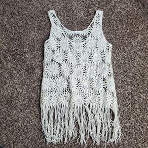 Cream colored crochet and fringe tank top